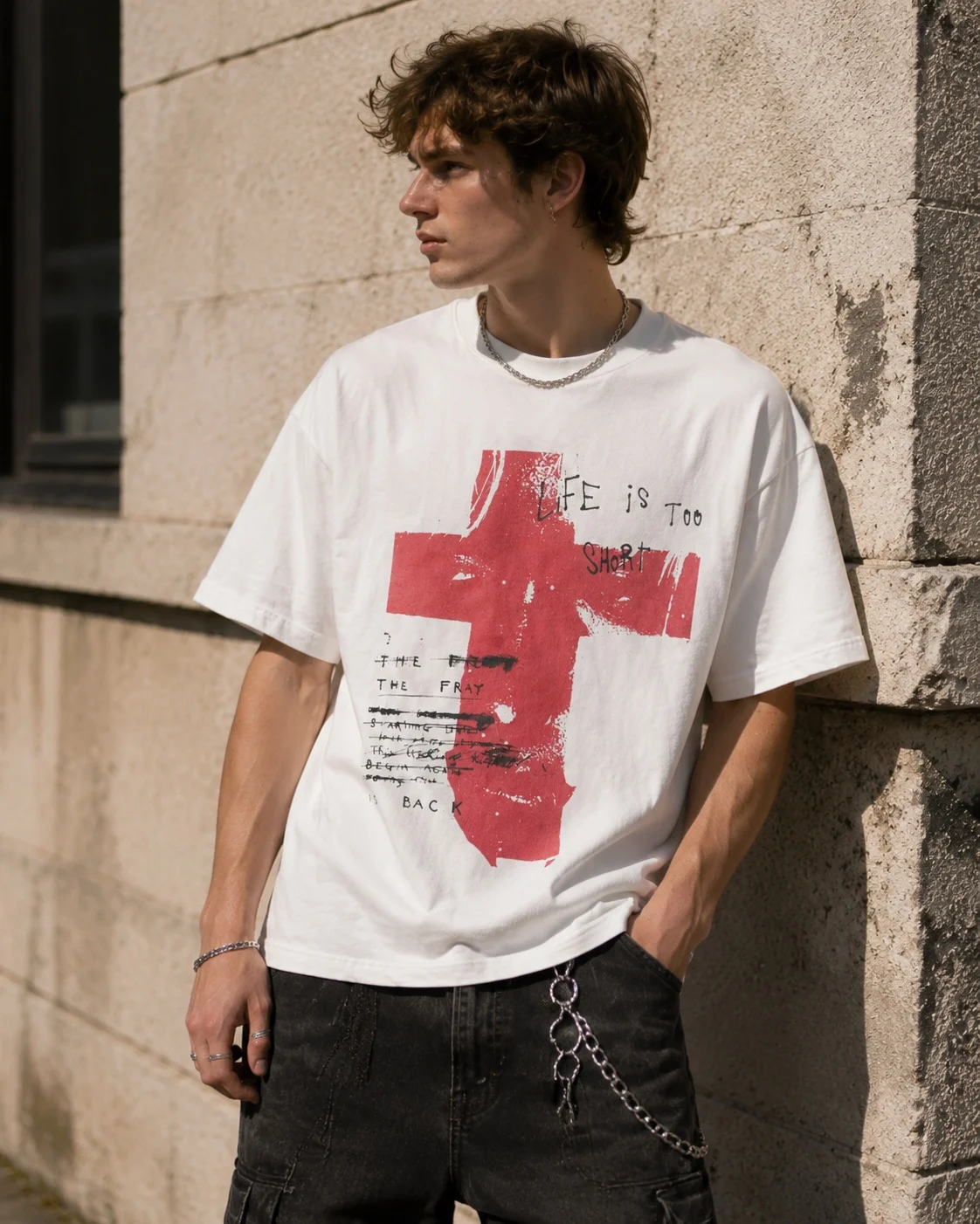 Men's Summer T-shirt Cross Graffiti Letter Print Crew Neck Short Sleeve Loose Vintage Streetwear Casual Trendy Daily Wear Tops