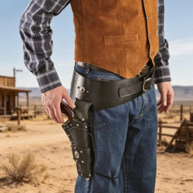 

Western Cboy Revolver Hlster Belt Set Vintage PU Leather with Adjustable Waist Strap Costume Prop for Cosplay