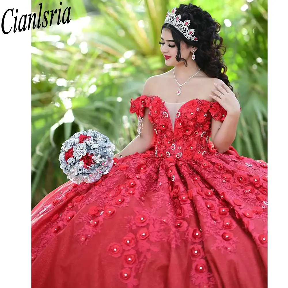 Vermelho fora do ombro quinceanera vestidos de baile 3d floral laço arco personalizado espartilho vestidos de xv anos