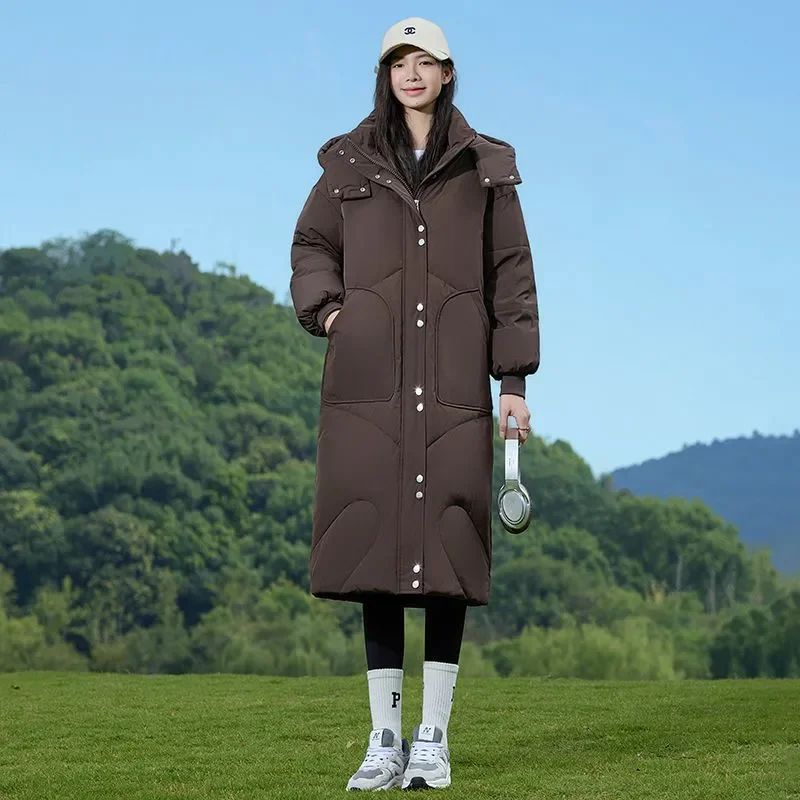 Vielleicht 2025 roupa de neve novo casaco de inverno sólido para mulheres jaqueta quente casual solto com capuz inverno jaqueta longa parkas