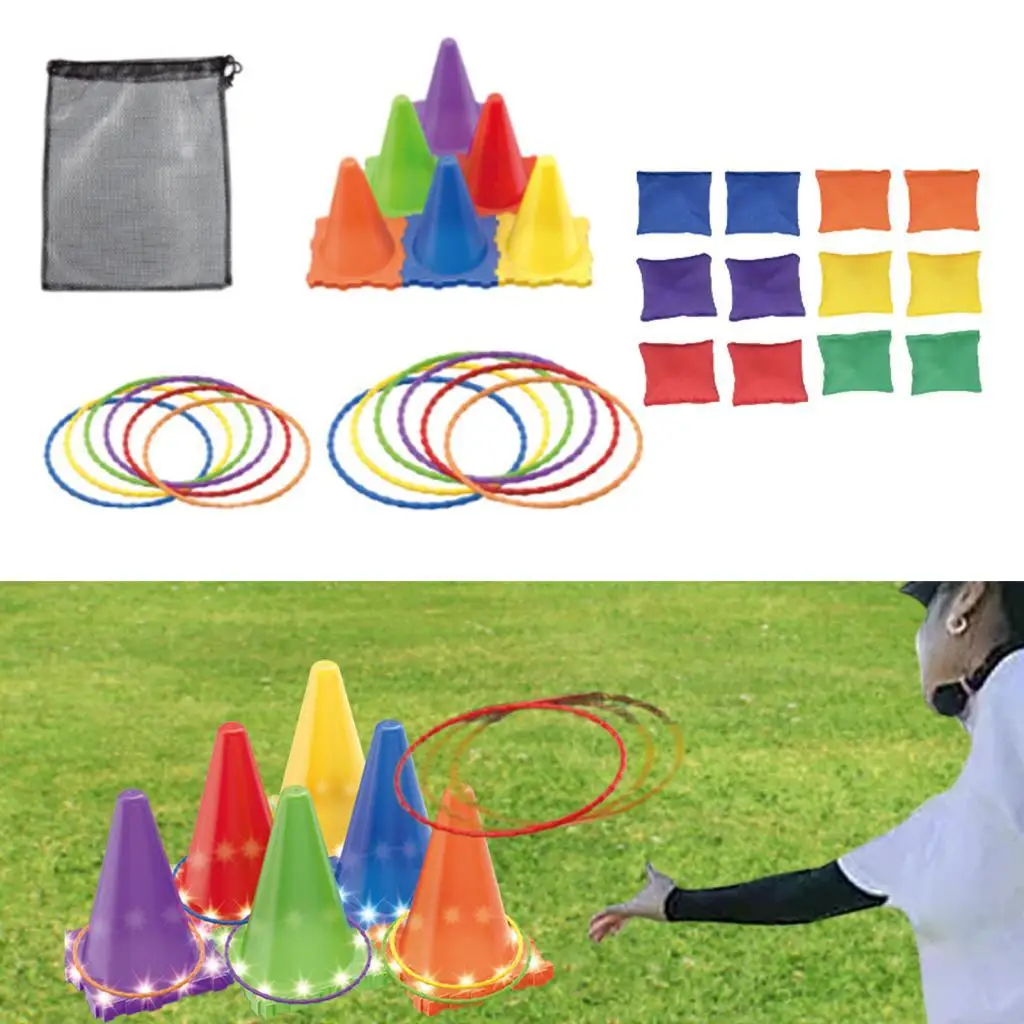 Çim Şenlikli Etkinlikler Parti Kaynağı için Fasulye Torbası Atma Oyunu Konileri ve Yüzükler Seti