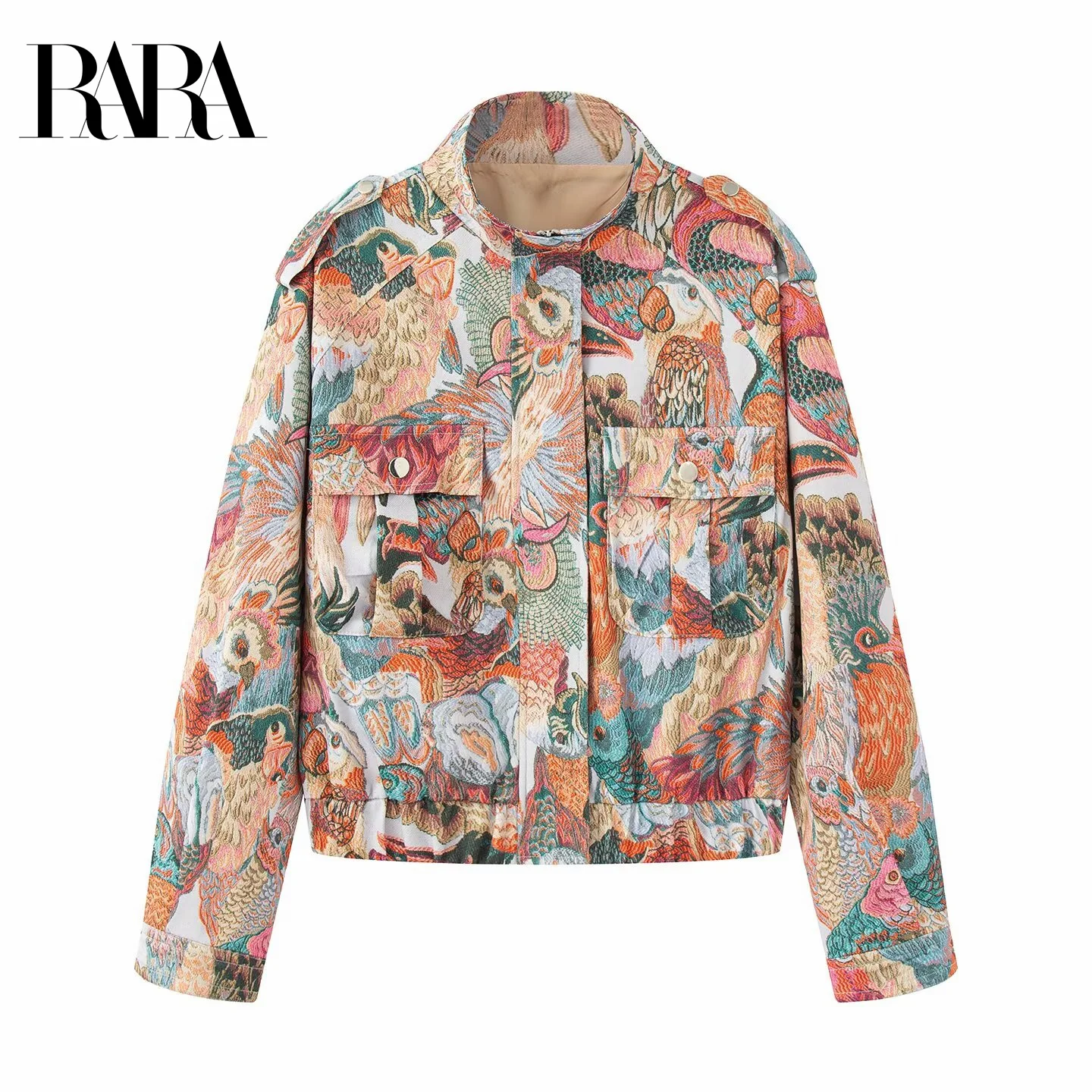 

RARA2025 autumn new women's clothing casual fashion personality color high collar long sleeve jacket peacock print short coat