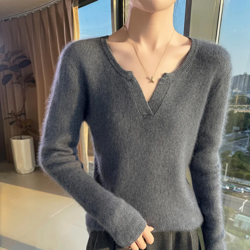 New 100% pure mink cashmere sweater women's V-neck autumn and winter thick knitted pullover casual loose long sleeved shirt