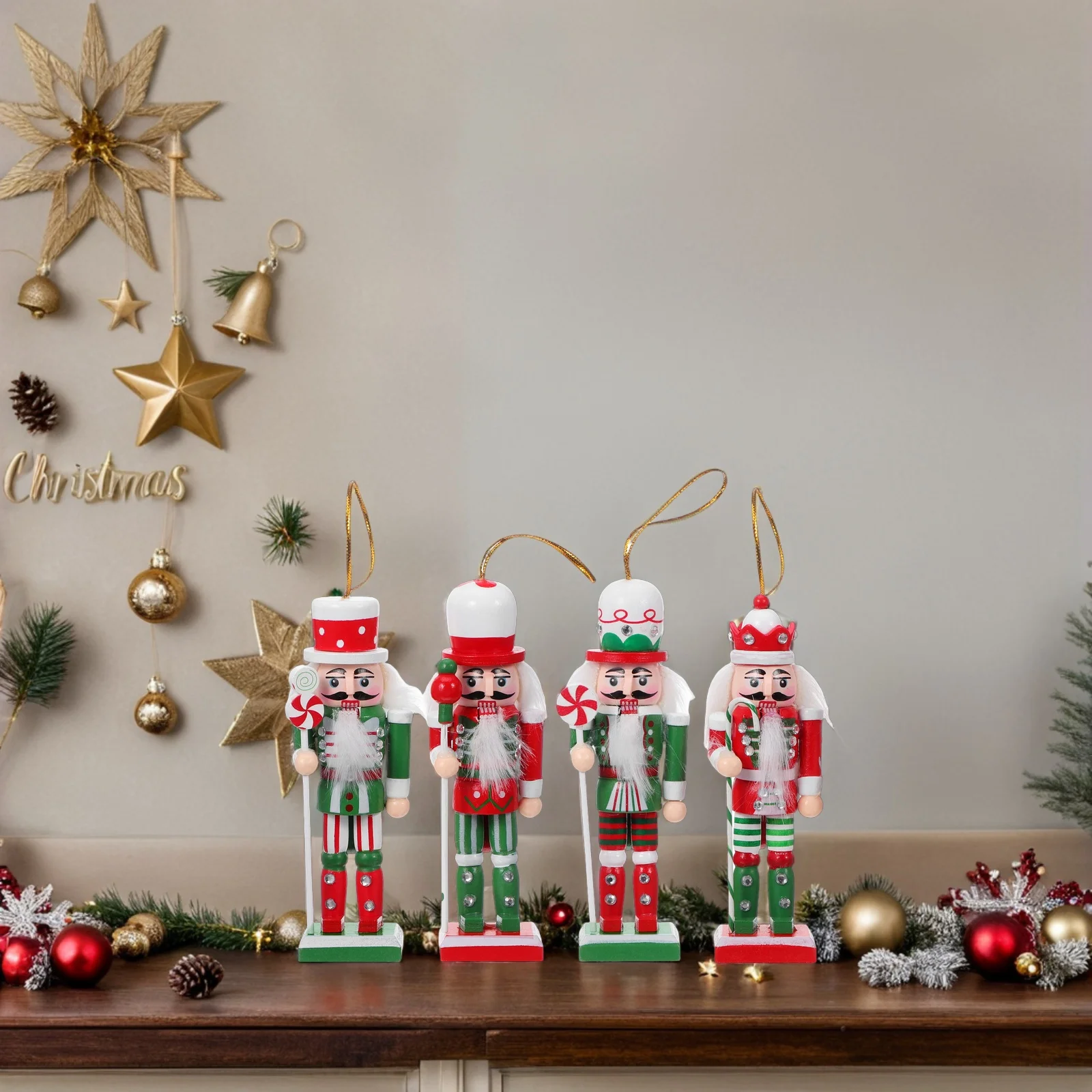 

4pcs Wood Nutcracker Figures Hanging Christmas Decor Puppet Tree Ornament Holiday Nutcracker Decoration Xmas Pendant