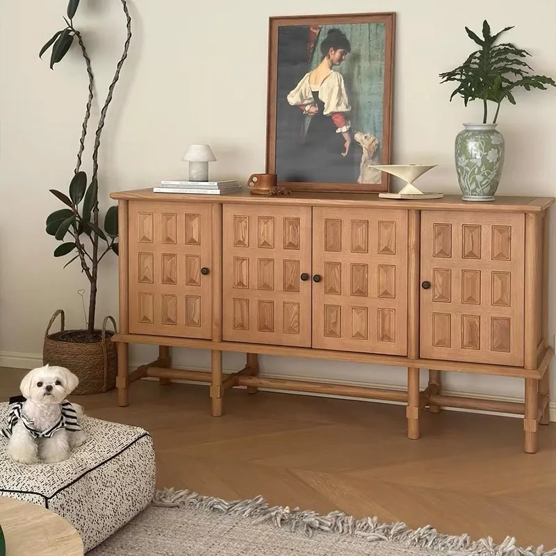 

Khaki Side Cabinet, French Retro Log Style Living Room, Wall Storage Cabinet Household Entrance Solid Wood