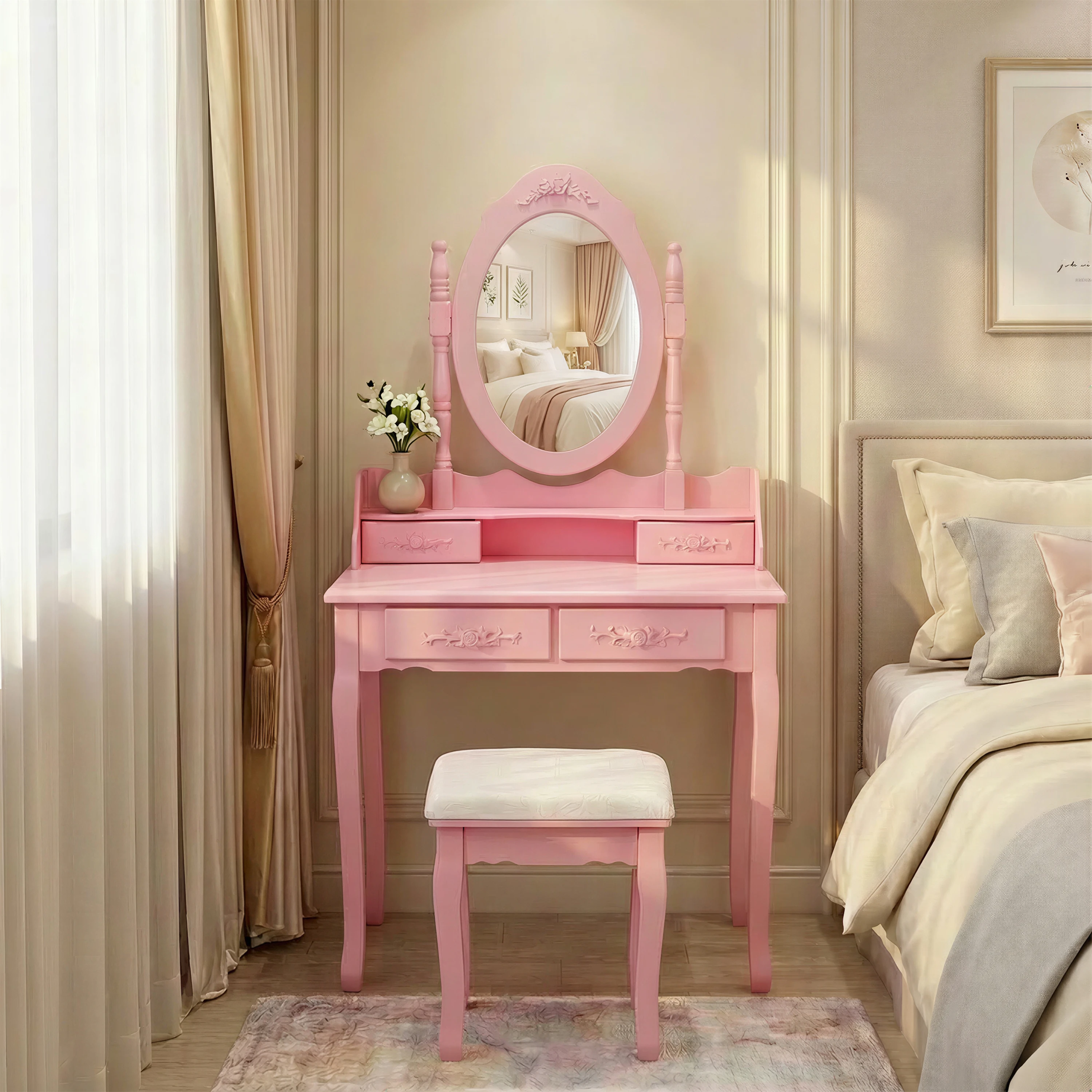 Modern Durable Pink Princess Vanity Desk Set Removable Mirror Cushioned Stool 4-Drawer MDF Makeup Table Foldable for Girls'