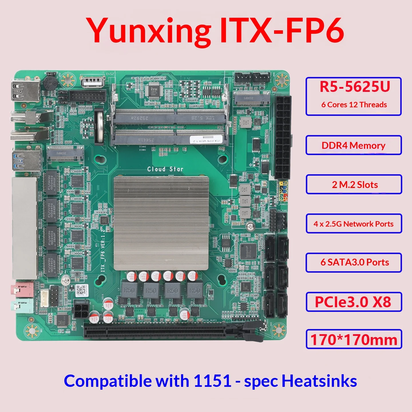 Cloud Star ITX FP6 Nas Set Motherboard Onboard R5-5625U Support  4*2.5G I226-V 2*M.2-NVME 6*SATA3.0 PCIE3.0 2*DDR4 Max 64GB