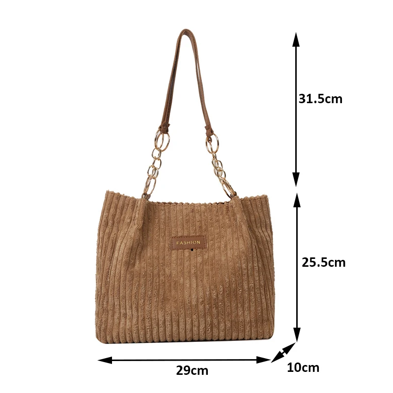 Corduroy Solid Color Commuter Zipper Women\'s Handbag Retro Large Capacity Shoulder Bag Casual Simple Portable Shopper Tote Bag