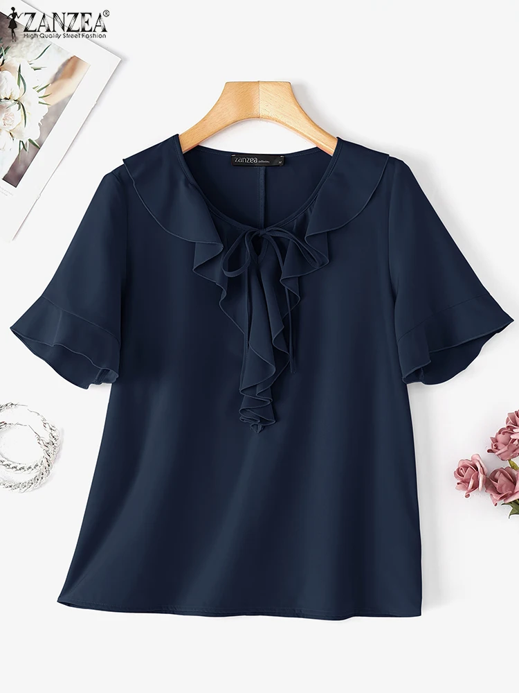 ZANZEA Casual Ruches Blouse Vrouwen Zomer Tops Vintage Lace-Up Blusas 2025 Fashion Hollow Out Effen Kleur Tuniek oversized