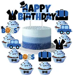 Cheereveal Boss Theme Cake Topper Blue Black Happy Birthday Boss Cupcake Day Cake Decor for Boys Baby Shower Gender Reveal Party