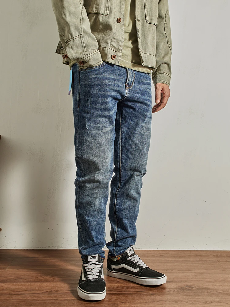 Джинсовые джинсы с завышенной талией, мужские узкие прямые повседневные брюки, рваные винтажные универсальные модные длинные брюки, городская весенняя коллекция
