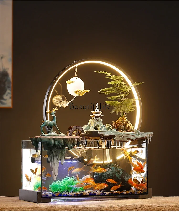 

44Lucky Water Circulation Glass Fish Tank Home Living Room TV Cabinet Decoration Fengshui Wheel Decoration
