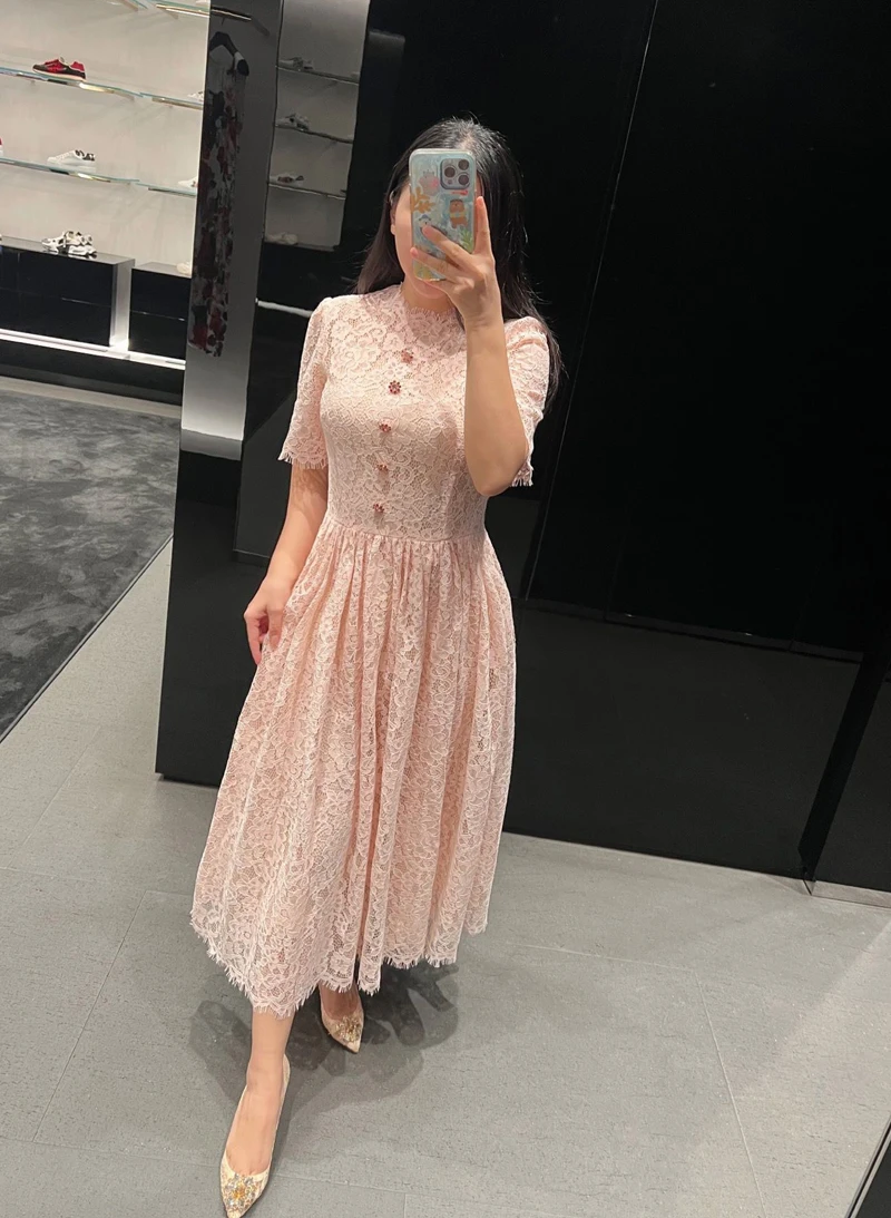 

High Quality Hollow Out Lace Embroidery Dress Elegant Office Ladies Rhinestone Button Slim Pink Long Dress