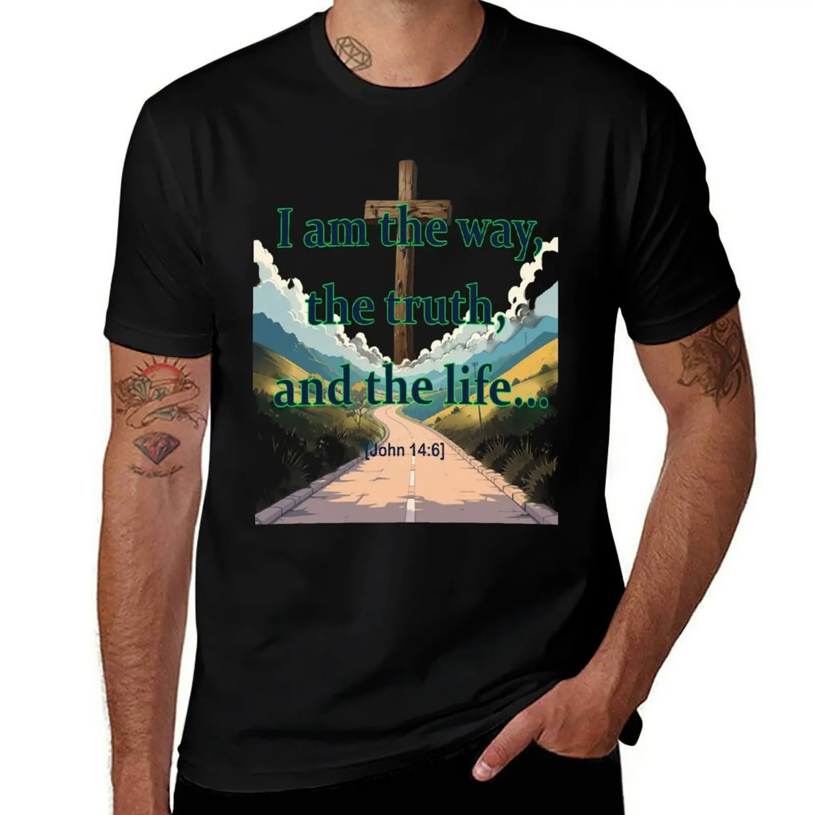 

John 14:6 Bible Verse Art – I Am the Way the Truth and the Life Christian Cross Road Design T-Shirt