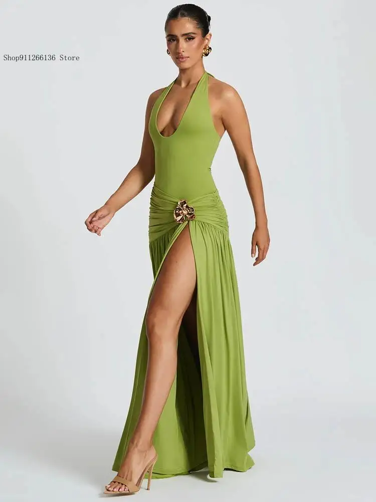 Elegant Backless Sexy Maxi Dress Set Women Halter Bodysuit and Maxi Skirt Matching Set Female Ruched Split Dress Sets