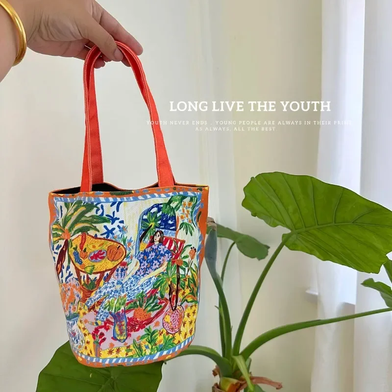 New Fashion Canvas Fabric Women Handbag Special Colorful Artist Design Pattern Top-handle Bag Casual Lunch Tote Bags