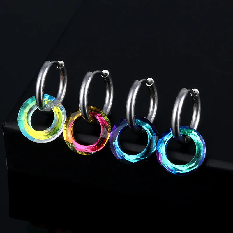 Trendy Retro Colorful Circle Pendant Earrings Stainless Steel Hip Hop Punk Geometric Stud Ear Jewelry Party Gifts For Women Men