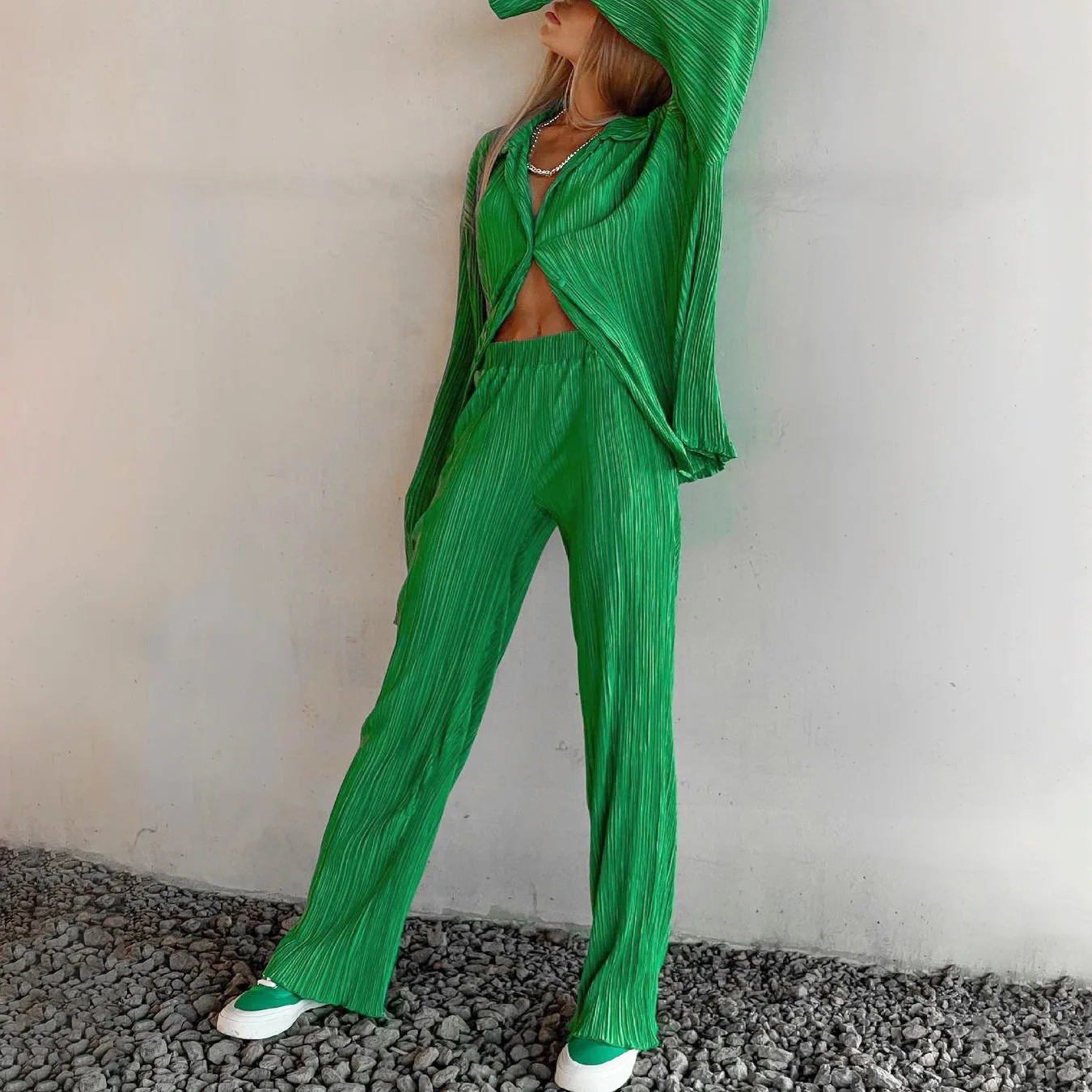 Women Tracksuits Shirt With Long Pants Two Pieces Sets Clothing Outfits Women Pleated Blouses Loose Suits Fashion Tracksuits
