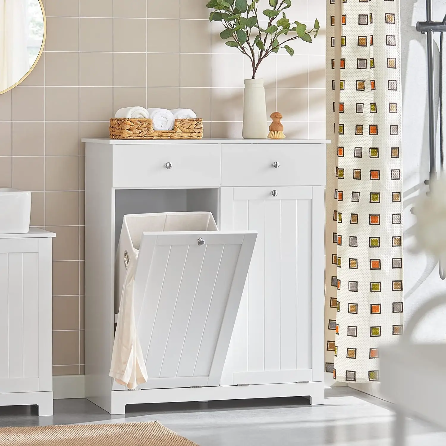 

Tilt-Out Bathroom Laundry Cabinet Hidden Hamper Organizer with Double Baskets and Drawers Storing Unit Storage Chest