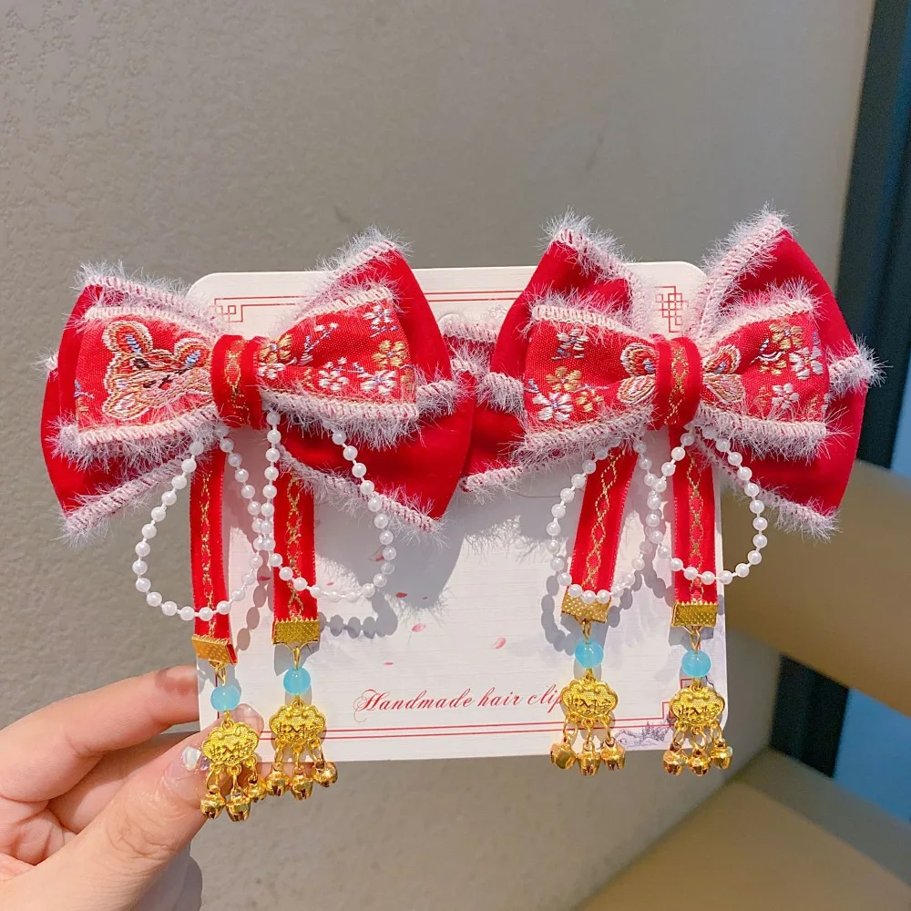 

Cute Lion Children's Chinese Hairpin Bow Flower New Year Barrettes Plush Ball Tang Suit Embroidered Bow Headwear Party