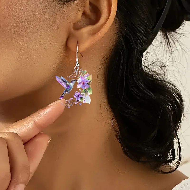 

Classic hummingbird flower shaped earrings with fashionable 2D acrylic flat pendant suitable for daily wear