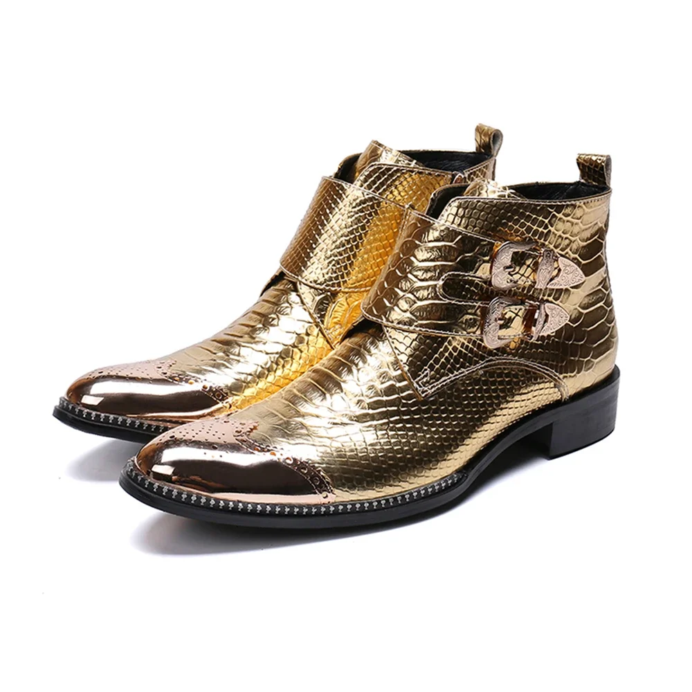 Gold Shining Patent Leather High Heels Pointed Toe Buckle With Metal Boots Male Plus Size Fashion Party Business Dress Shoes