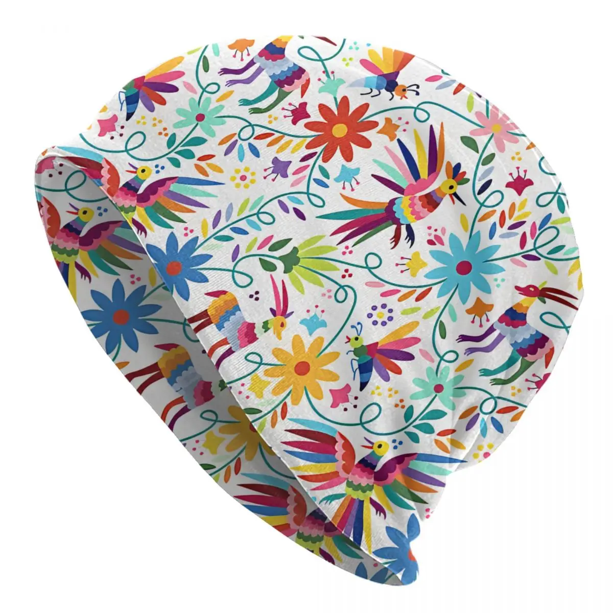 Mexican Otomi White Floral Seamless Washed Thin Bonnet Outdoor Casual Beanies Protection Men Women Hats