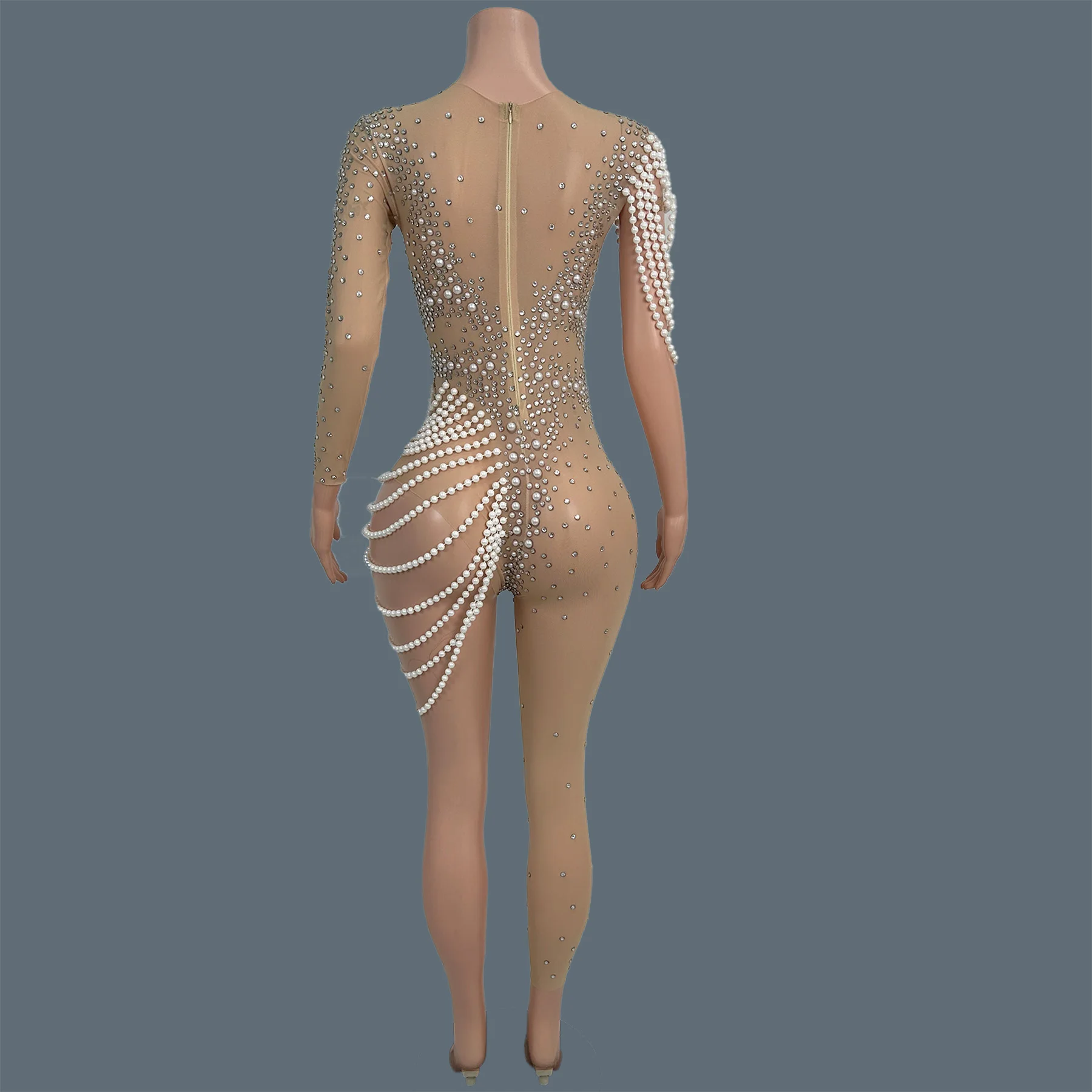 Sparkly Crystals Tight Fitting Asymmetrical Pearls Jumpsuit Carnival Club Party Drag Queen Performer Sexy Sheer Mesh Wear Jiezhi