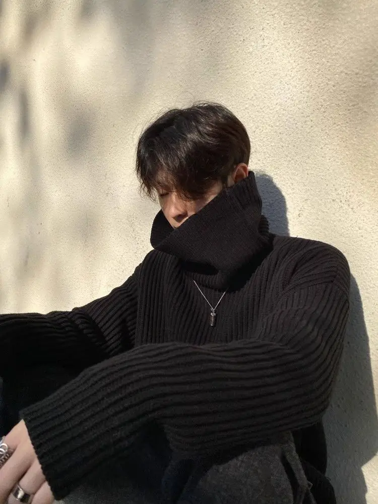 Black turtleneck sweater for men in winter Japanese style lazy retro loose sweater  new hot style handsome jacket y2k ins emo