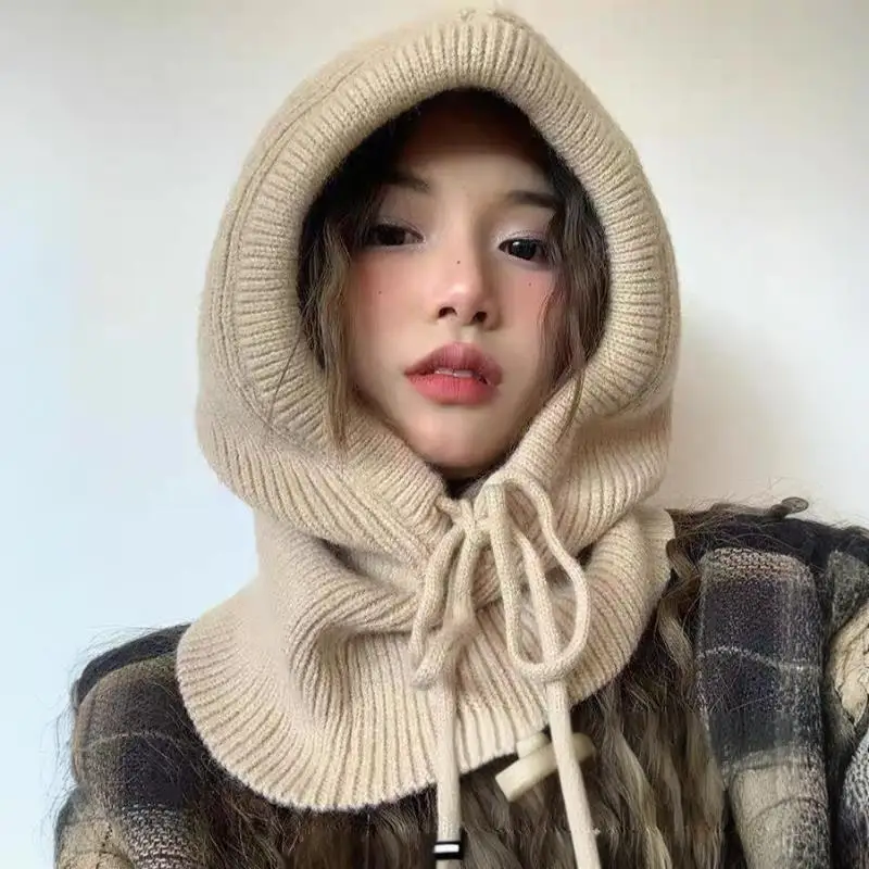 

Knitted Hooded Caps Winter Balaclava Hats One-piece Neck Collar Beanies Cap Women Korean Style Outdoor Warmer Drawstring Hats