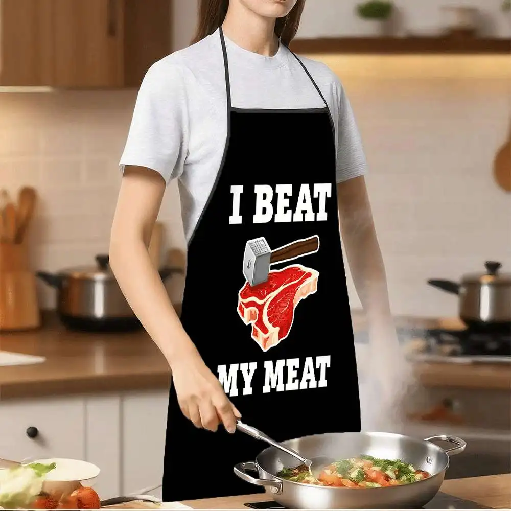 1pc 'I Beat My Meat' Funny Print Apron, Durable Polyester Material, Adjustable Waistband and Easy to Clean, for Kitchen Cooking,