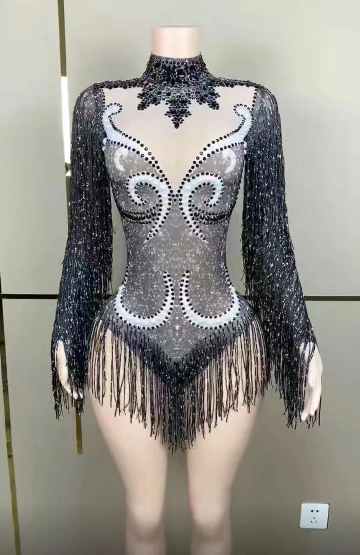 Gold Fringe Rhinestoneผู้หญิงBodysuits DJ DS Latin Jazz Leotard Dancerเชียร์ลีดเดอร์เวทีสวมใส่ถ่ายภาพProps Mardi Gras 2024