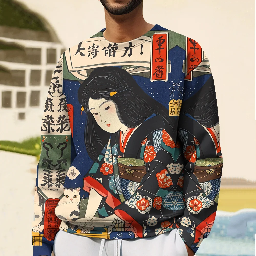 Japanese Hoodies For Men Hatless Sweatshirt Ukiyoe Graphic T Shirts 3D Printed Oversized Men's Clothing Tops Pullover Sweatshirt