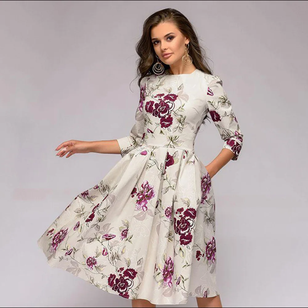 

3/4 Sleeve Printed A-line Pleated Dresses For Women Sexy Round Pocket Floral Print Beige Retro Elegance Mini Evening Party Dress
