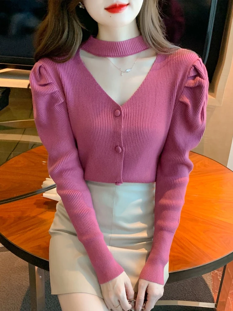 

Women's V-Ne Hollow out Knitted Top Thiened Autumn Winter Faion Anti-Aging Pink Sweater Korean Sle Slim Fit Long Sve