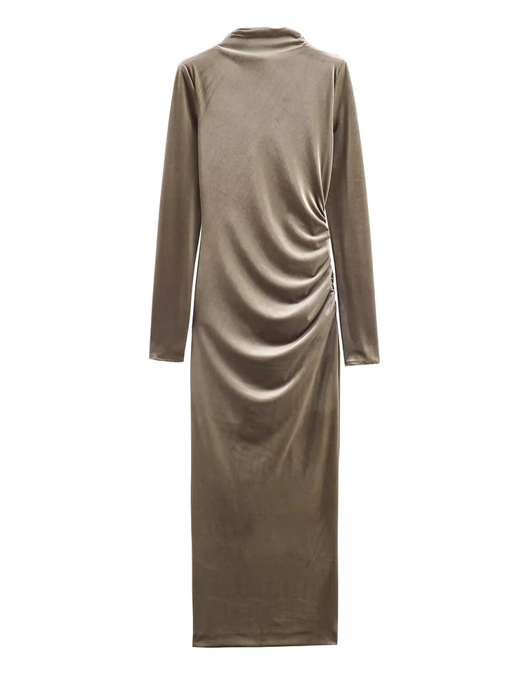 Damska seksowna długa sukienka 2025 jesień zima nowa sukienka z dekoltem typu O, długimi rękawami, marszczona, aksamitna, długa sukienka elegancka, modna sukienka wieczorowa