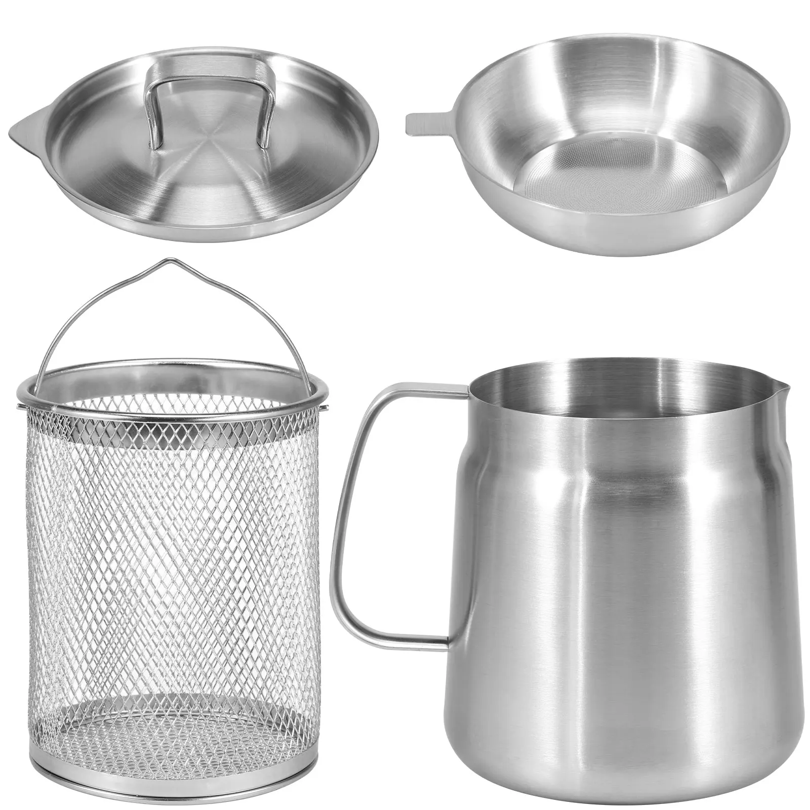 Oil Strainer Pot 1.5L/2L Large Capacity Oil Storage Can with Filter Lid and Frying Basket 304 Stainless Steel Oil Filter Tank