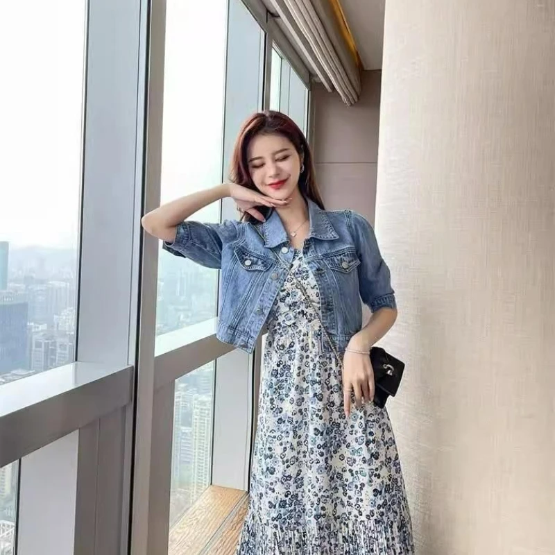 

Vintage Crops Trendy Turn Down Collar Jackets Women Basic Solid Outwear Half Sleeve Denim Fit Harajuku Street Denim Jacket Women