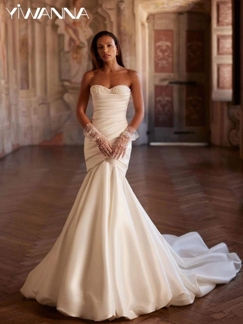 

Shiny Pearls Satin Mermaid Long Wedding Dress Roamntic Sweetheart Neck Bridal Gown New Customized Sleeveless Dresses For Bride