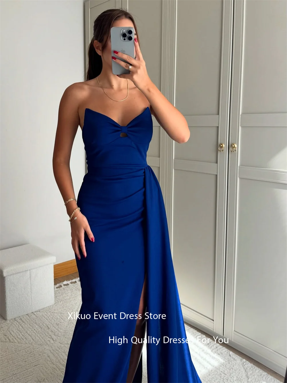 Xikuo azul real alta fenda vestidos de noite cortar querida sereia plissado vestidos de festa formal vestidos de fiesta personalizado
