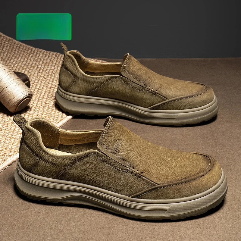 

Мужские повседневные низкие ботинки из кожи, рабочие, весенние, новые, удобные, без шнурков, с круглым носком, на резиновой подошве, износостойкие