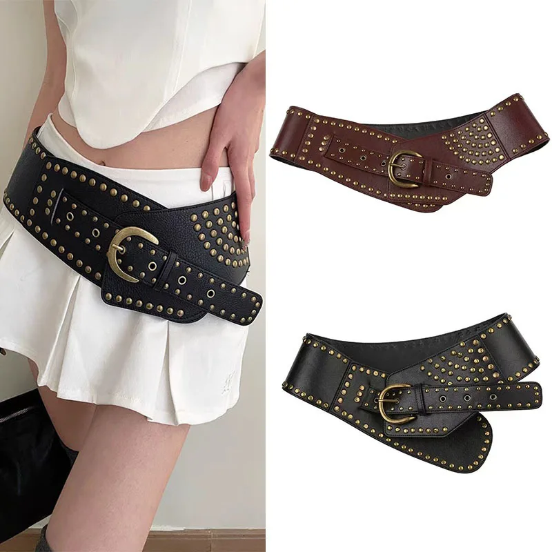 

Western Wide Rivet PU Leather Women Waistband Belt Fashion Dress Coat Sweater Cummerbund for Ladies