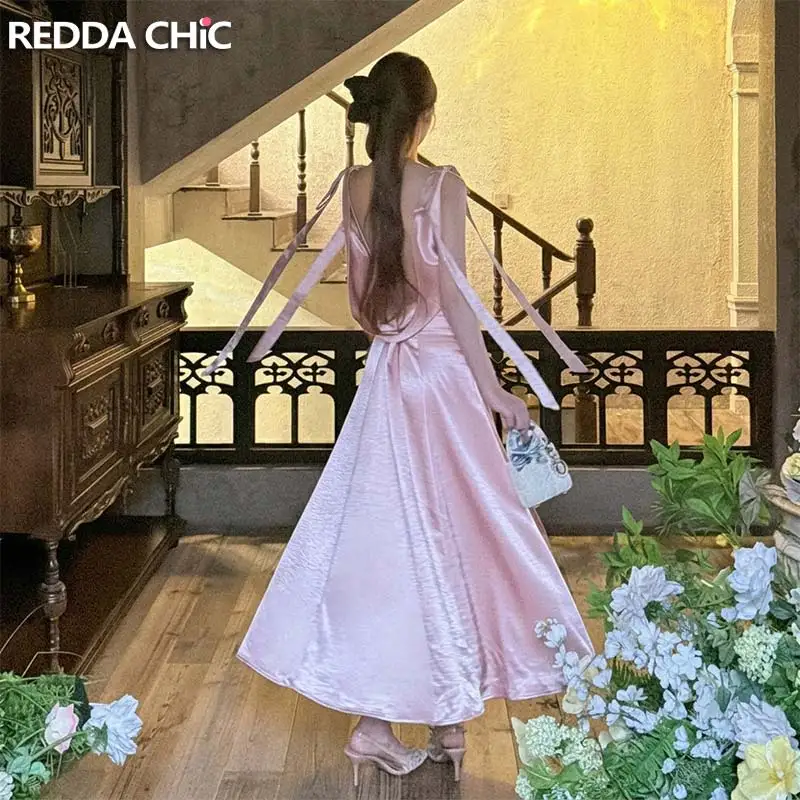 ReddaChic Ribbon Sleeveless Women Party Dress Elegant Deep V Neck Open Back Bandeau Long Tank Party Gown Wedding Guest Costume