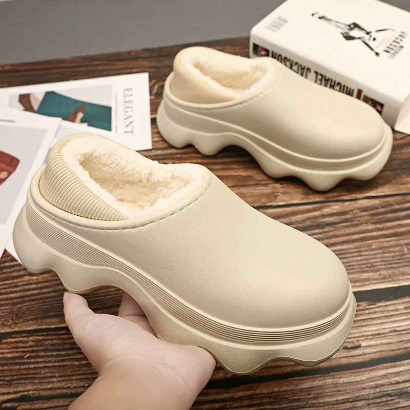 Waterproof Home Shoes New Winter Cotton Slippers Women's Thick Dragging Plush Shoes Men's Super Comfortable Indoor Cotton Shoes