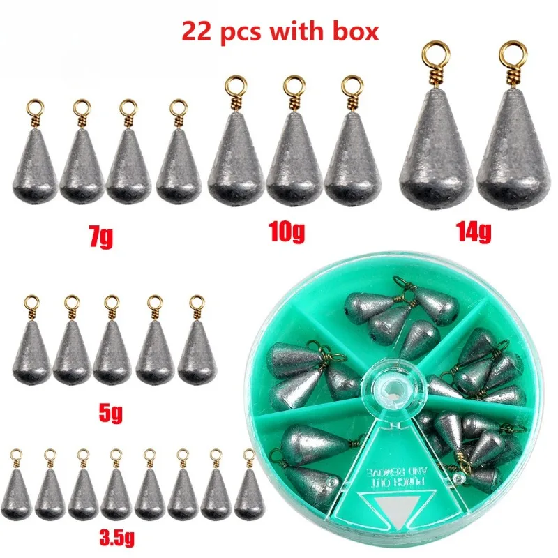 

22Pcs with box Lead Fishing Sinker 3.5g/5g/7g/10g/14g Weight Sinker Boxed Bell Drop With Brass Swivels Fishing Gear Lead Sinker