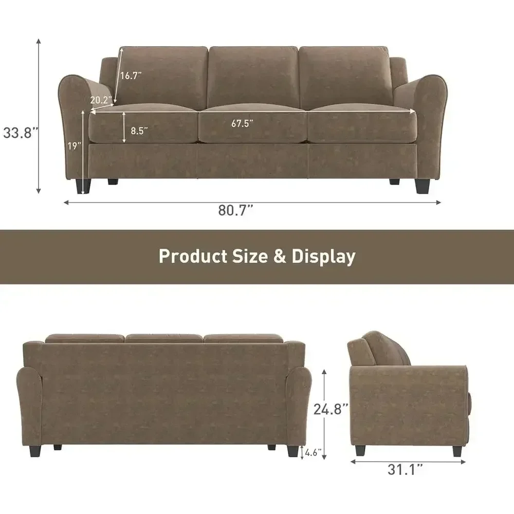 2-Piece Sofa Set, 3-Seater Couch, Comfortable Sofa with Thick Cushions, Suitable for Living Room or Office, Brown