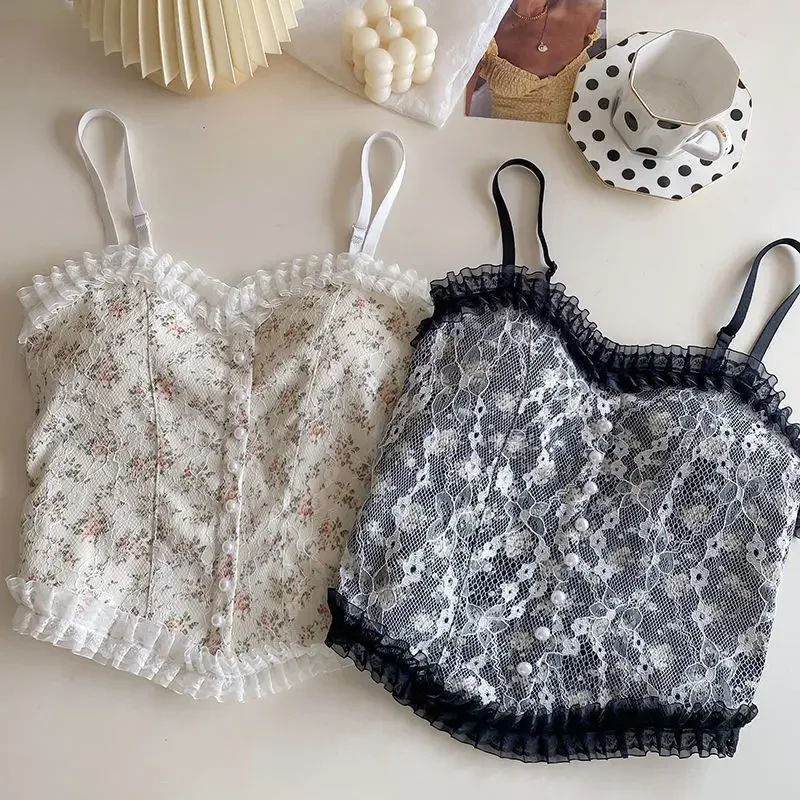 Elegant Lace Flower Print Cami Crop Tank Top Women's Slim Fit Y2k Sexy Pearl Detail Summer Camisole Short Vest