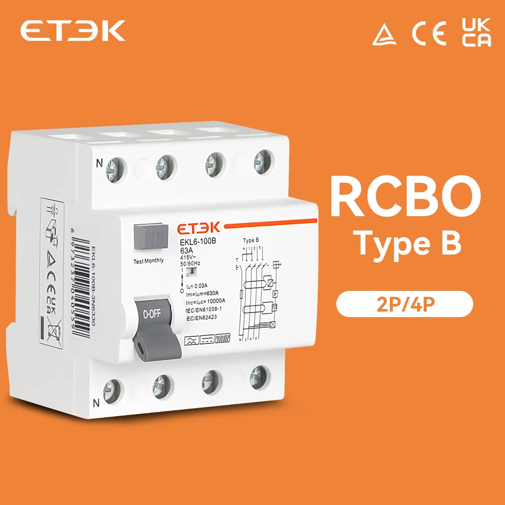 Etek rcd rccb Typ b Erdschluss-Fehlerstrom schutzsc halter evse 2p 4p 40a 63a 100a 30ma 300ma EKL6-100B din rail 220v