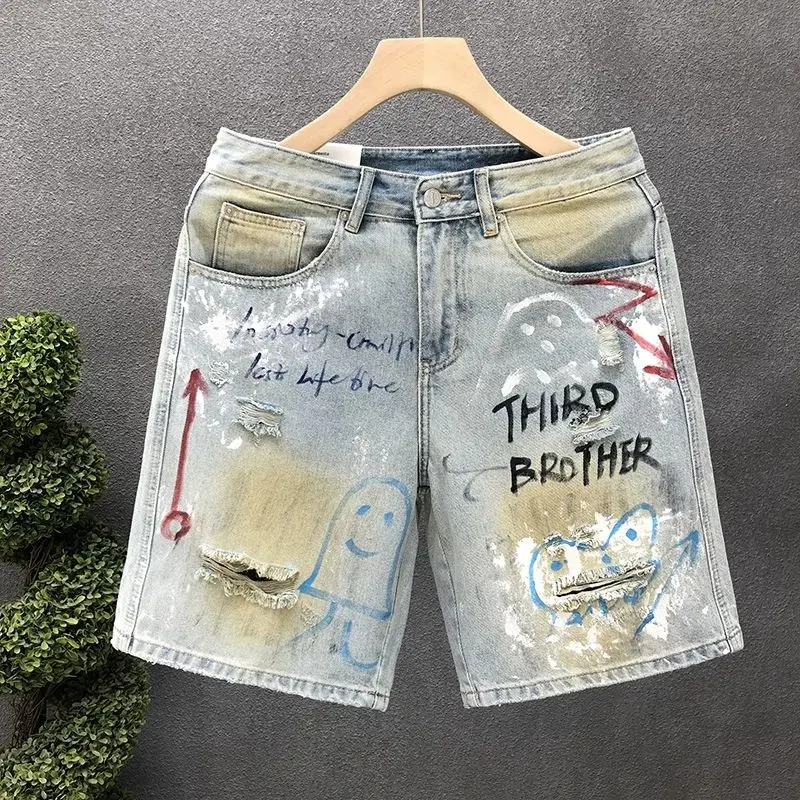 Calças Jeans Rasgadas Estilo Street Graffiti Unissex, Marca da Moda, Calças de Cinco Bolsos, Shorts de Perna Larga, Casual de...