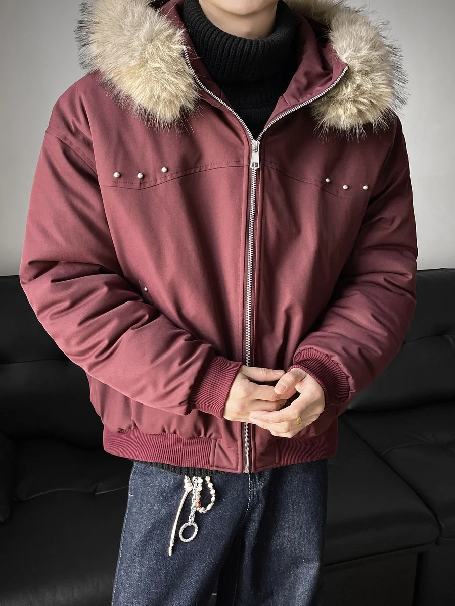 

American Sle Thiened Winter Jaet for Men with Fur Collar Hooded Cotton Coat Warm Youthful Brand Casual Outerwear